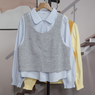 新款 2026春季 百搭显瘦两件套上衣潮X202 女长袖 学院风马甲叠穿衬衫