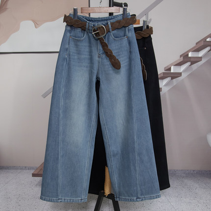 时尚高腰宽松阔腿裤小弯刀加绒复合绒牛仔裤女2025冬季 新款1303