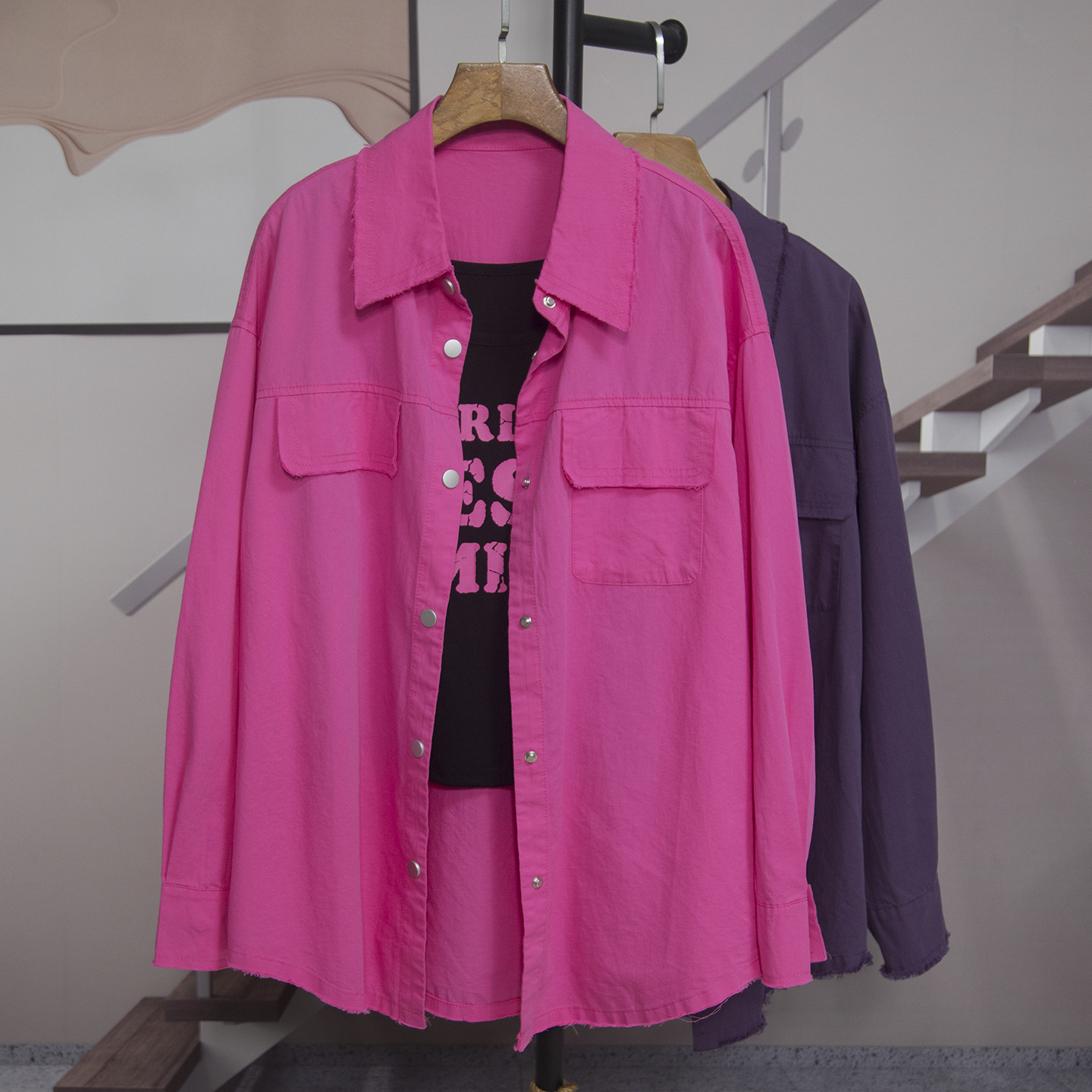 时尚宽松烂边衬衫带背心女2026春季新款中长款慵懒风百搭潮29152