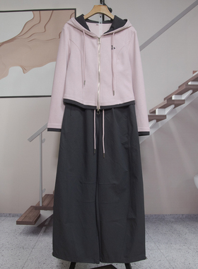 时尚套装女2026春季新款连帽拉链短款卫衣弯刀裤两件套休闲潮7615