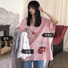 Real shot cotton 2021 summer new animation graffiti port style loose short sleeve t-shirt female
