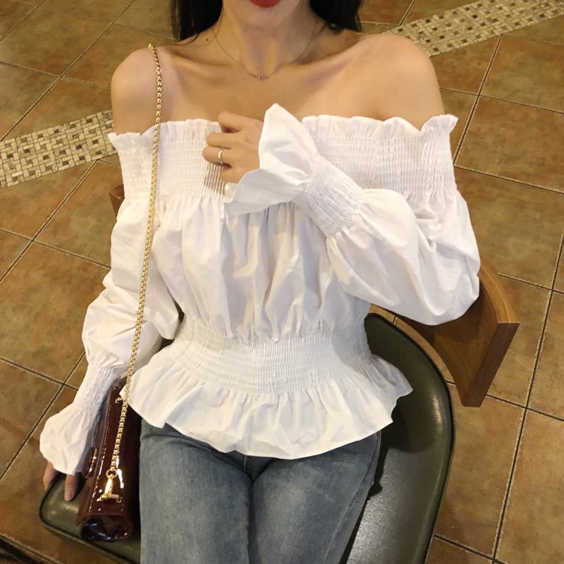 Spring new Korean chic off the shoulder white shirt with one neck for women