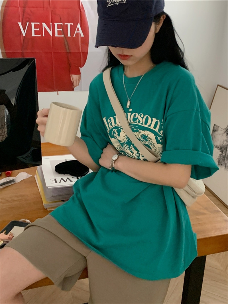 Guantu Pullover short sleeve T-shirt 2021 summer Korean loose green couple top