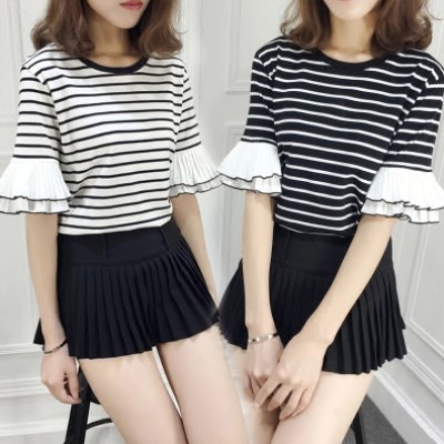 New Korean versatile stripe stitching Chiffon half sleeve Korean loose short sleeve T-shirt