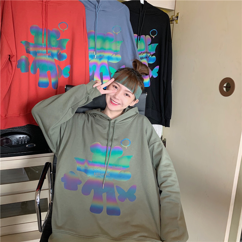 Real video hooded sweater with laser reflective printing autumn Pullover