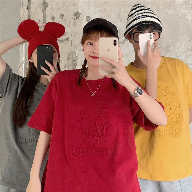 Real shot pure cotton red short sleeve T-shirt in year of the ox