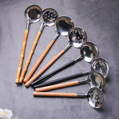 日式 汤勺火锅汤勺拉面勺不锈钢勺竹柄弯勺家用盛汤勺料理长柄勺子