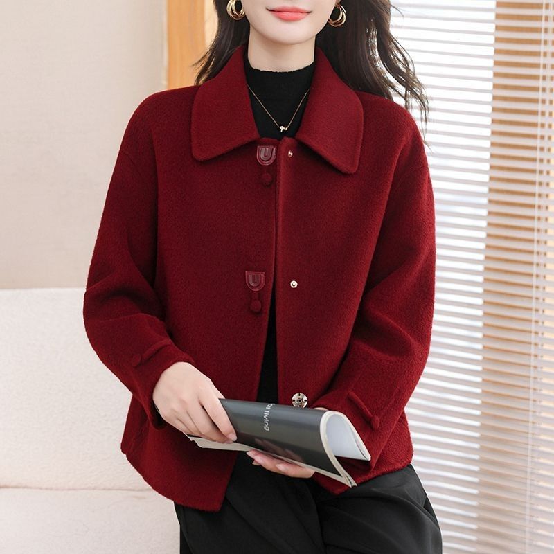 羊毛大衣女小个子中老年妈妈装高级感冬新款毛呢外套红色双面包边
