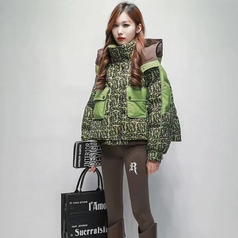 正品2025洋气冬季新款印花短款羽绒棉服加厚小个子时尚设计外套潮