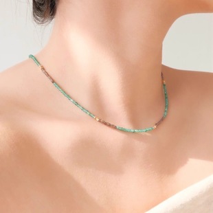 《爪哇秘境》雨林绿咖拼色极细款绿东陵金曜石锁骨链