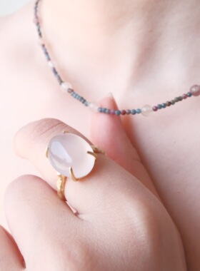 “月光曼陀罗”紫玉髓S925银镀哑光磨砂18K真金开口戒