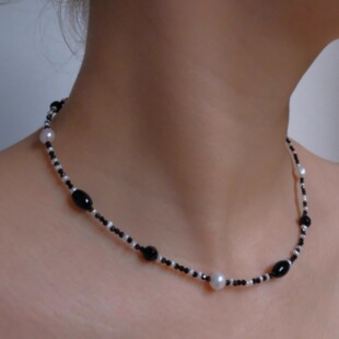 BettySays同款黑白之境天然珍珠玛瑙黑尖晶拼色锁骨链