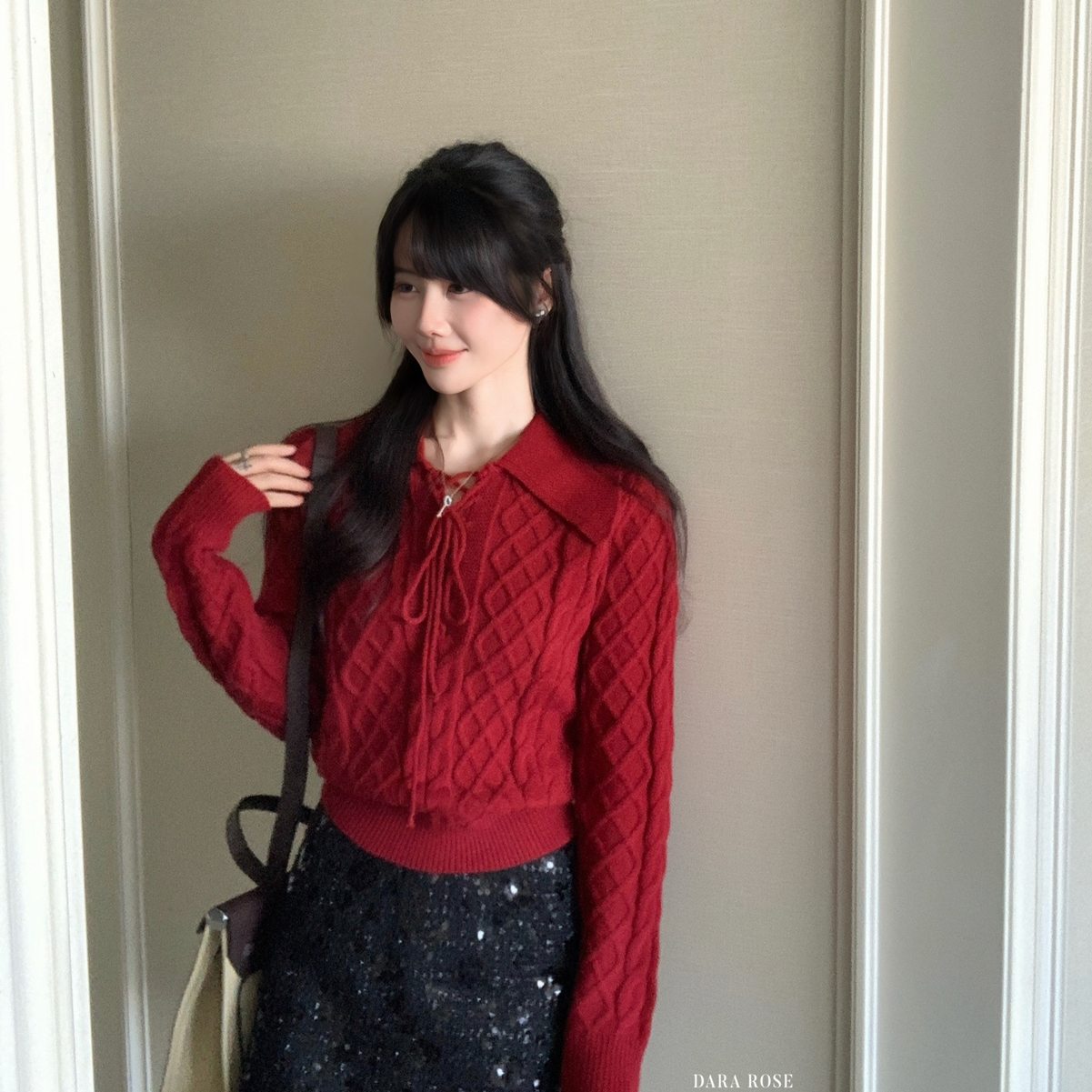 圣诞红毛衣法式设计法式复古红色翻领麻花针织高级感系带毛衣