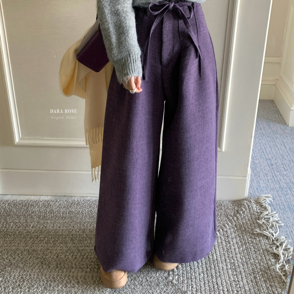 复古系带松弛感毛呢加厚高腰垂坠感长裤休闲裤(配腰绳)