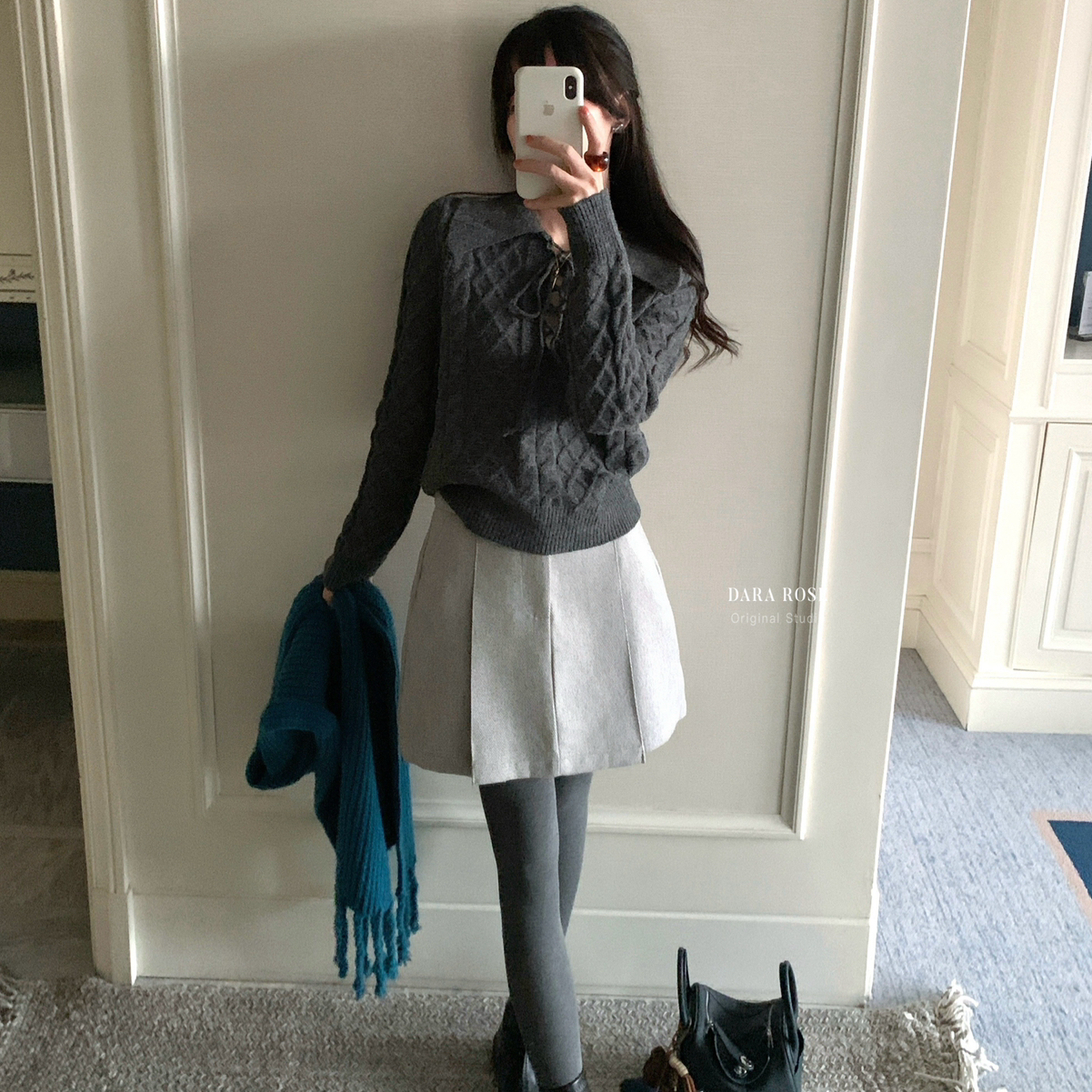 miu系百搭压褶毛呢高腰百搭A字裙半身裙