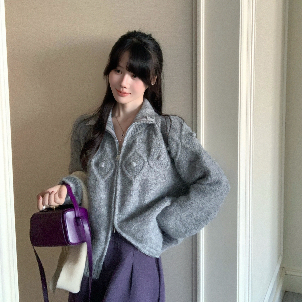 重磅羊毛手工球球菱格高领双拉链宽松慵懒风复古外套毛衣(含60羊