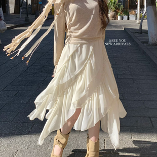 仙子坠落人间一眼沦陷浪漫荷叶边不规则飘逸剪裁设计半身裙