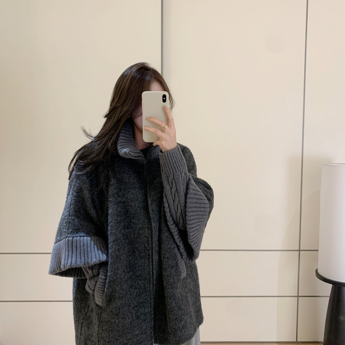 羊绒羊毛针织拼接拉链款大牌高级七分袖圈圈毛双面大衣羊绒