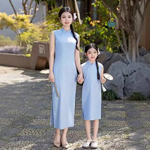 夏季浅蓝色格子清新气质国风母女款新中式改良旗袍连衣裙亲子装