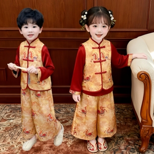 2026春季新款男童少爷服古装女童长袖中式套装儿童汉服三件套唐装