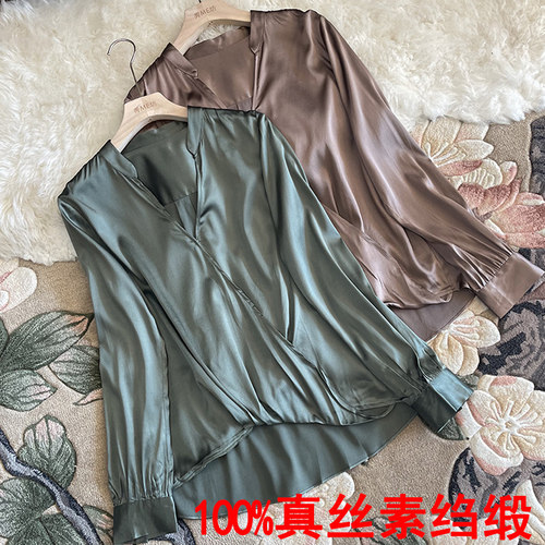 真丝素绉缎衬衫交叉V领立领斜襟