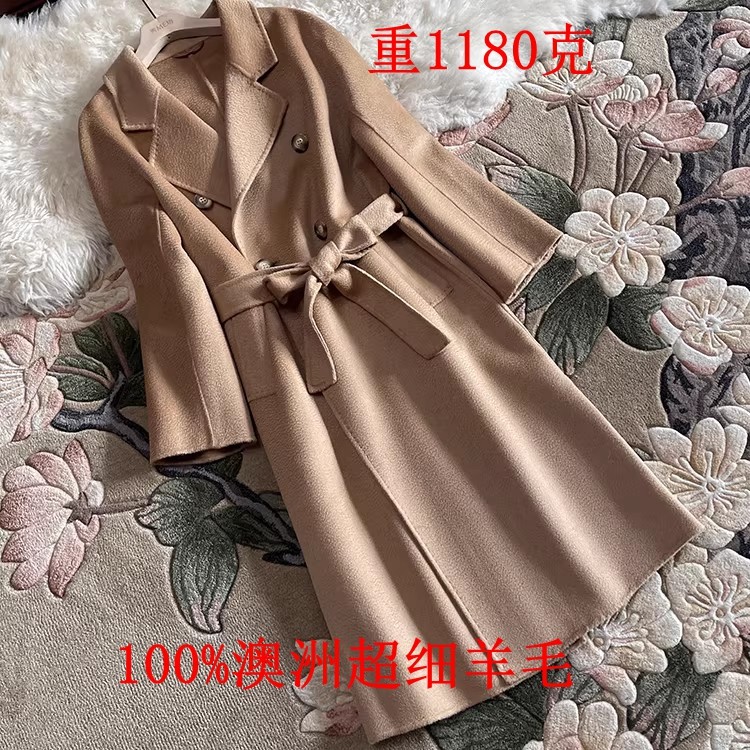 羊毛大衣澳洲超细羊毛大衣双排扣冬秋水波纹大衣女长款腰带双面呢