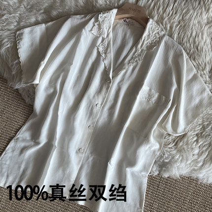 手工刺绣双绉真丝衬衫女新中式绣花短袖小衫25夏季瑕疵桑蚕丝上衣