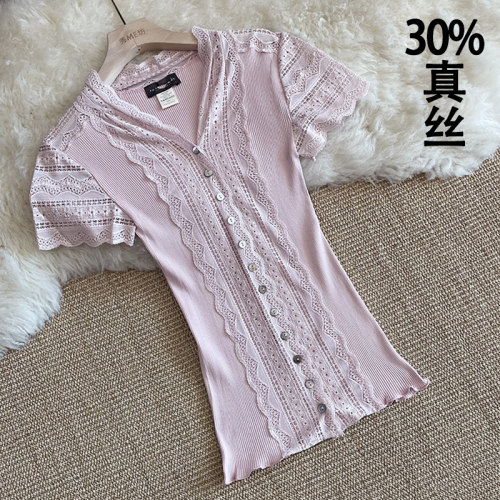 拼蕾丝V领开衫真丝短袖名媛螺纹