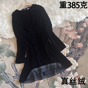 长袖春季桑蚕丝真丝丝绒连衣裙女圆领中长款真丝绒修身收腰包臀裙