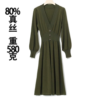 收腰A字裙气质针织打底中长款 真丝连衣裙女秋冬季 小香风 毛衣裙子