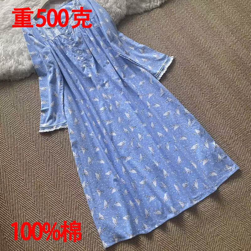 纯棉加厚碎花睡裙重工拼接蕾丝