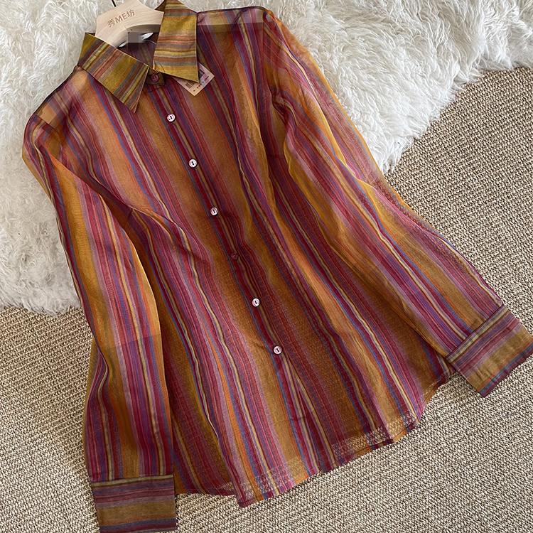 真丝欧根纱衬衫透视彩虹条纹修身