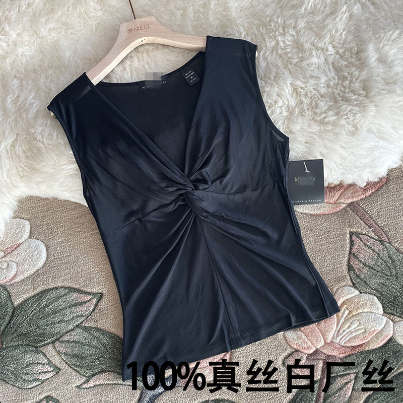 法式设计 100真丝白厂丝T恤 扭结V领遮肉显瘦桑蚕丝背心无袖上衣,女装/女士精品,T恤,淘宝优惠券,粉丝福利购,淘宝优惠卷
