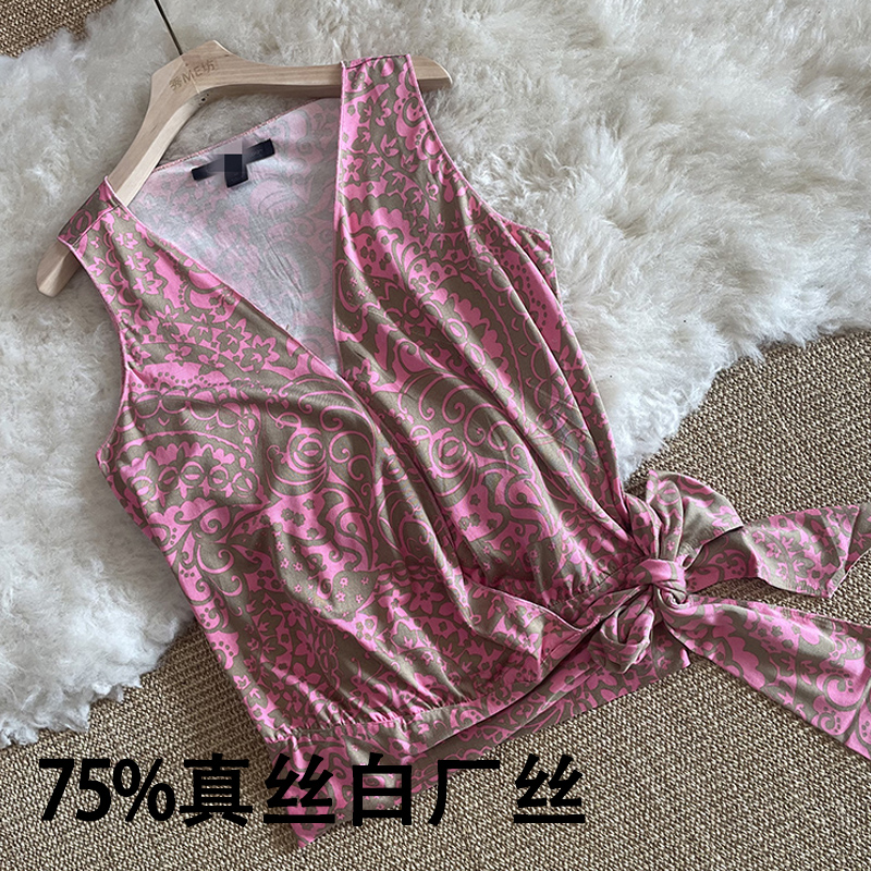 真丝白厂丝T恤交叉V领背心蝴蝶结