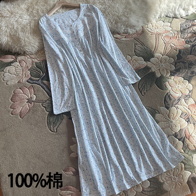 100%棉睡裙蕾丝碎花针织日式长款