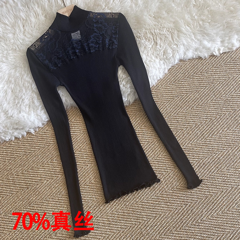 真丝棉半高领螺纹针织T恤衫蕾丝