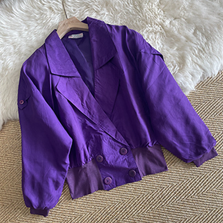 古着真丝外套女长袖春装复古外贸桑蚕丝宽松西装领机车服夹克衫