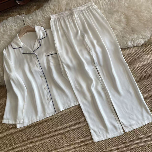 真丝素绉缎女白色家居服睡衣套装
