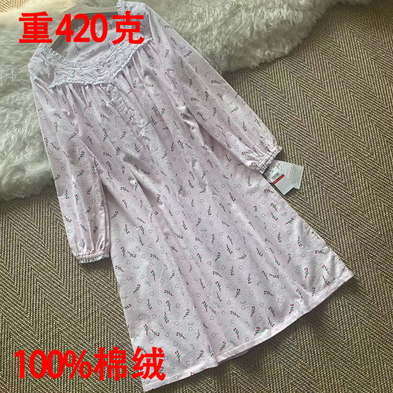 加厚全棉绒睡裙胖MM 纯棉蕾丝花边法式慵懒卡通碎花睡裙女睡衣冬
