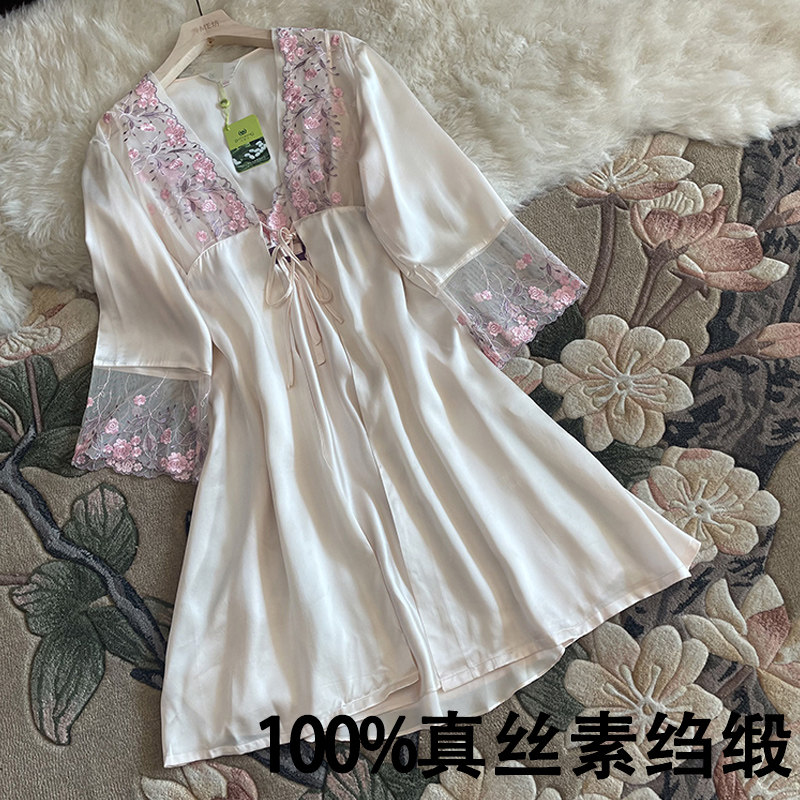 桑蚕丝浴袍重磅真丝吊带套装睡衣家居服刺绣大码法式蕾丝性感睡袍