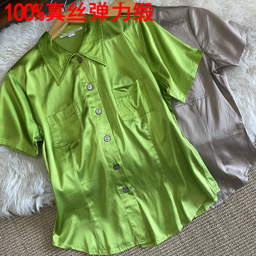 弹力缎面衬衫真丝桑蚕丝口袋修身
