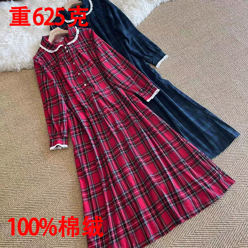 加厚全棉绒睡裙胖MM 纯棉蕾丝花边法式慵懒长款格子睡裙女睡衣冬