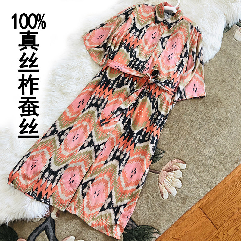 单排扣潮腰带翻领开叉真丝连衣裙