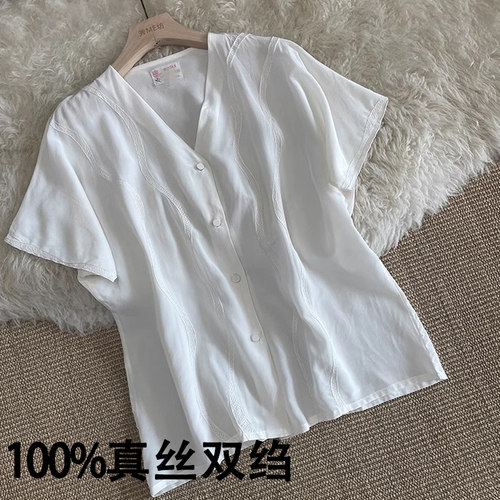 手工刺绣衬衫真丝双绉V领新中式