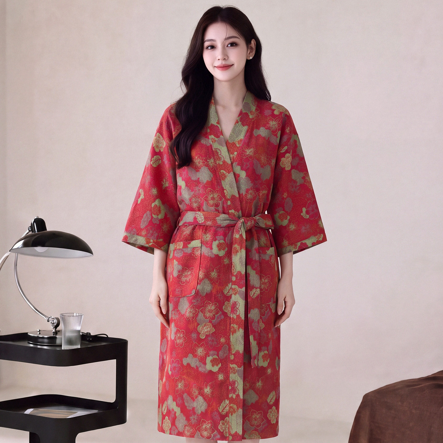 新款100%纯棉双层棉纱浴袍睡袍女