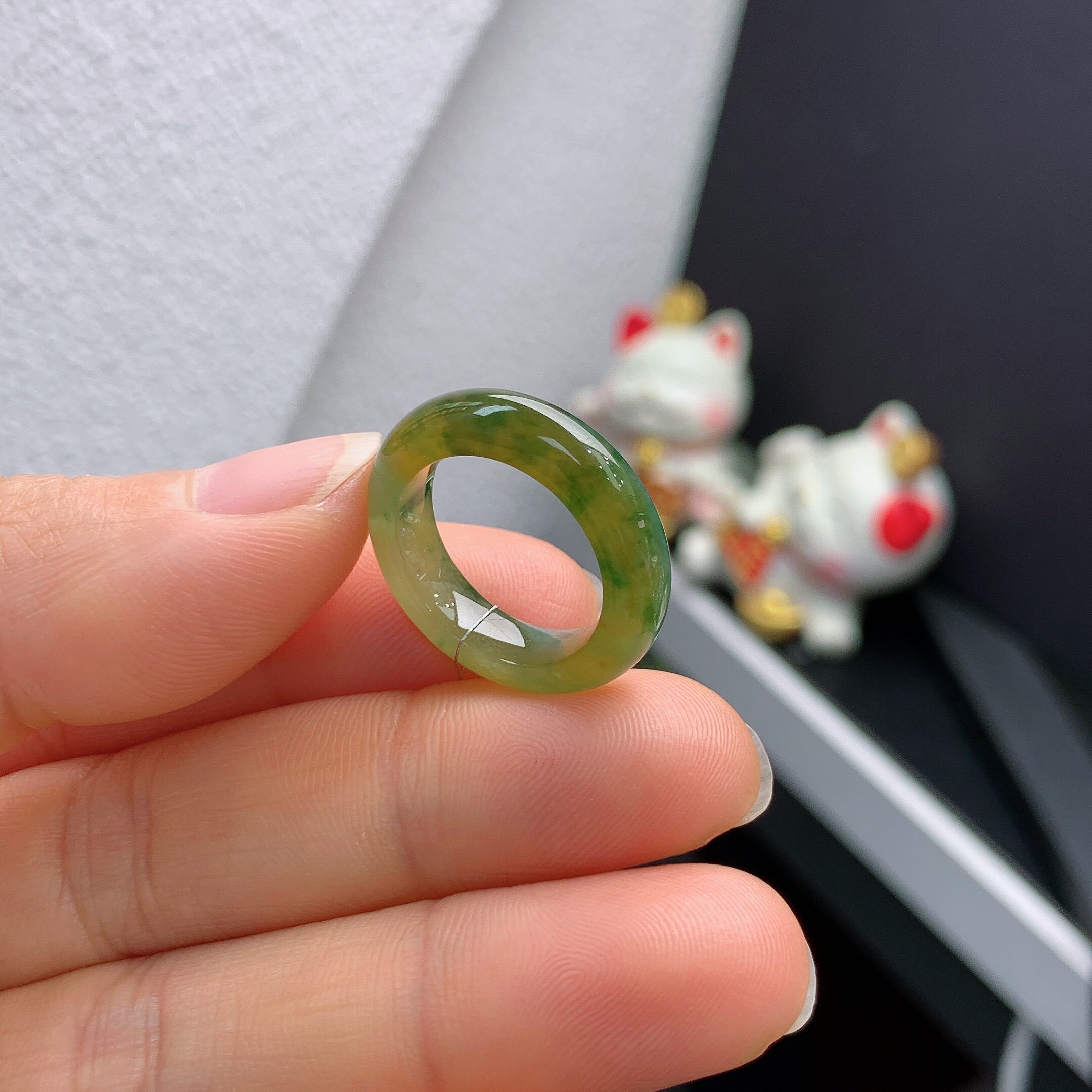 10圈口缅甸天然翡翠A货 冰种冰润黄加绿素面戒圈293#