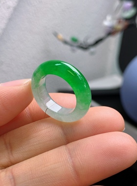 11圈口缅甸天然翡翠A货冰阳绿半山水戒指LH30#