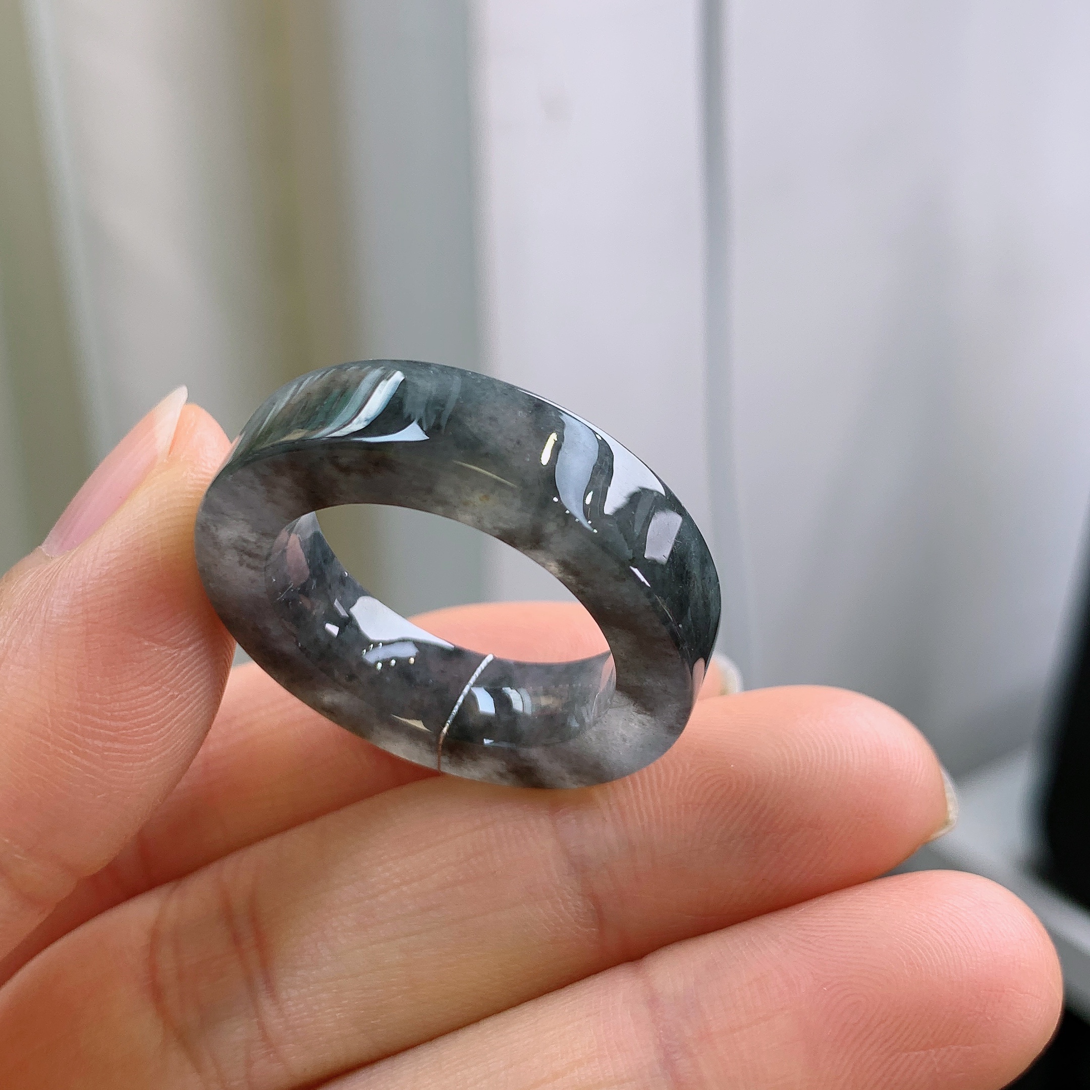 24圈口缅甸天然翡翠A货冰乌鸡方戒戒指A1159#