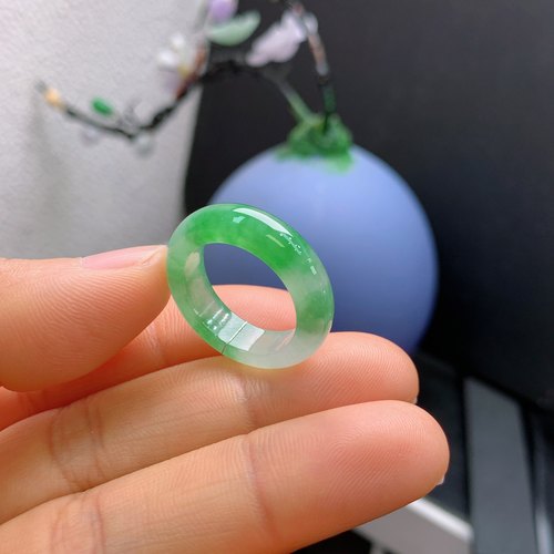 14圈口缅甸天然翡翠A货冰飘绿戒指122#