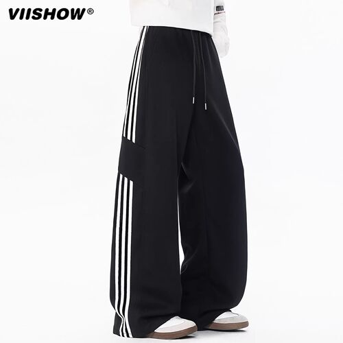 VIISHOW美式三条杠运动裤男春季高街阔腿休闲卫裤潮牌直筒长裤子